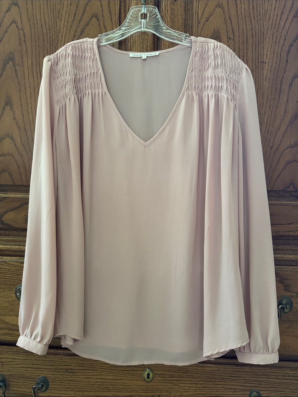 Violet & Claire Blush Pink Smocked-Yoke V-Neck Blouse